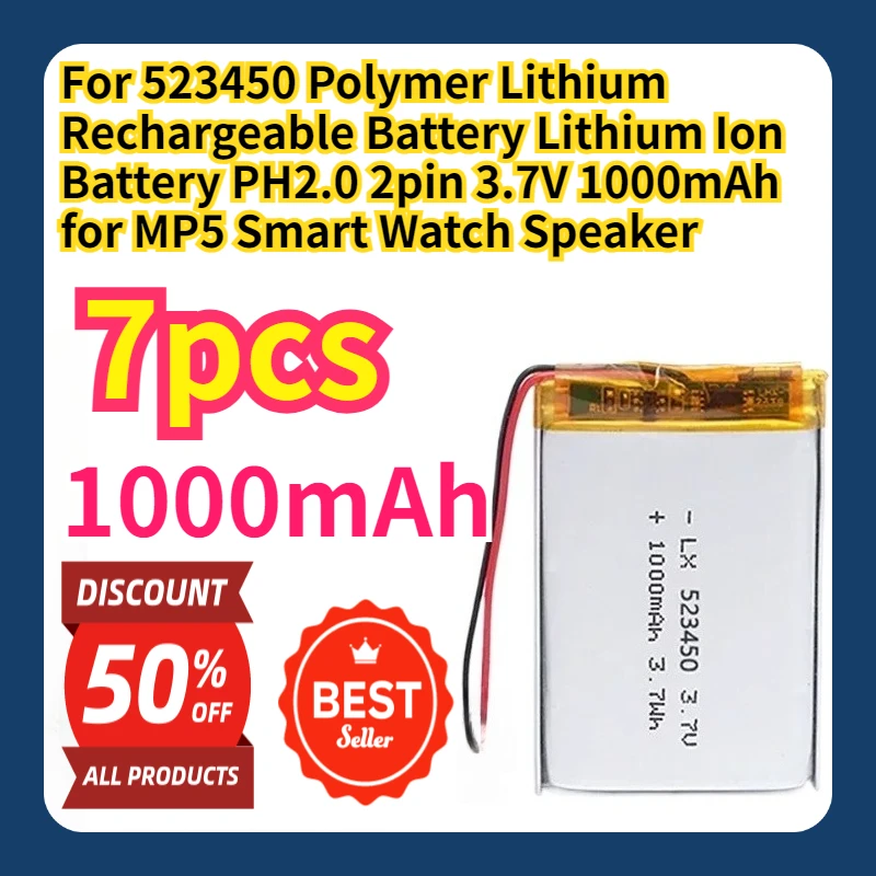 For 523450 Polymer Lithium Rechargeable Battery Lithium Ion Battery PH2.0 2pin 3.7V 1000mAh for MP5 Smart Watch Speaker