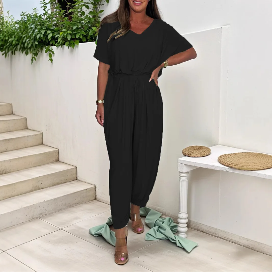

Summer Daily Commuting Women's Jumpsuit New Women's V-neck Jumpsuit With Waist Cinching Loose Comfortable Waist Solid Color Set