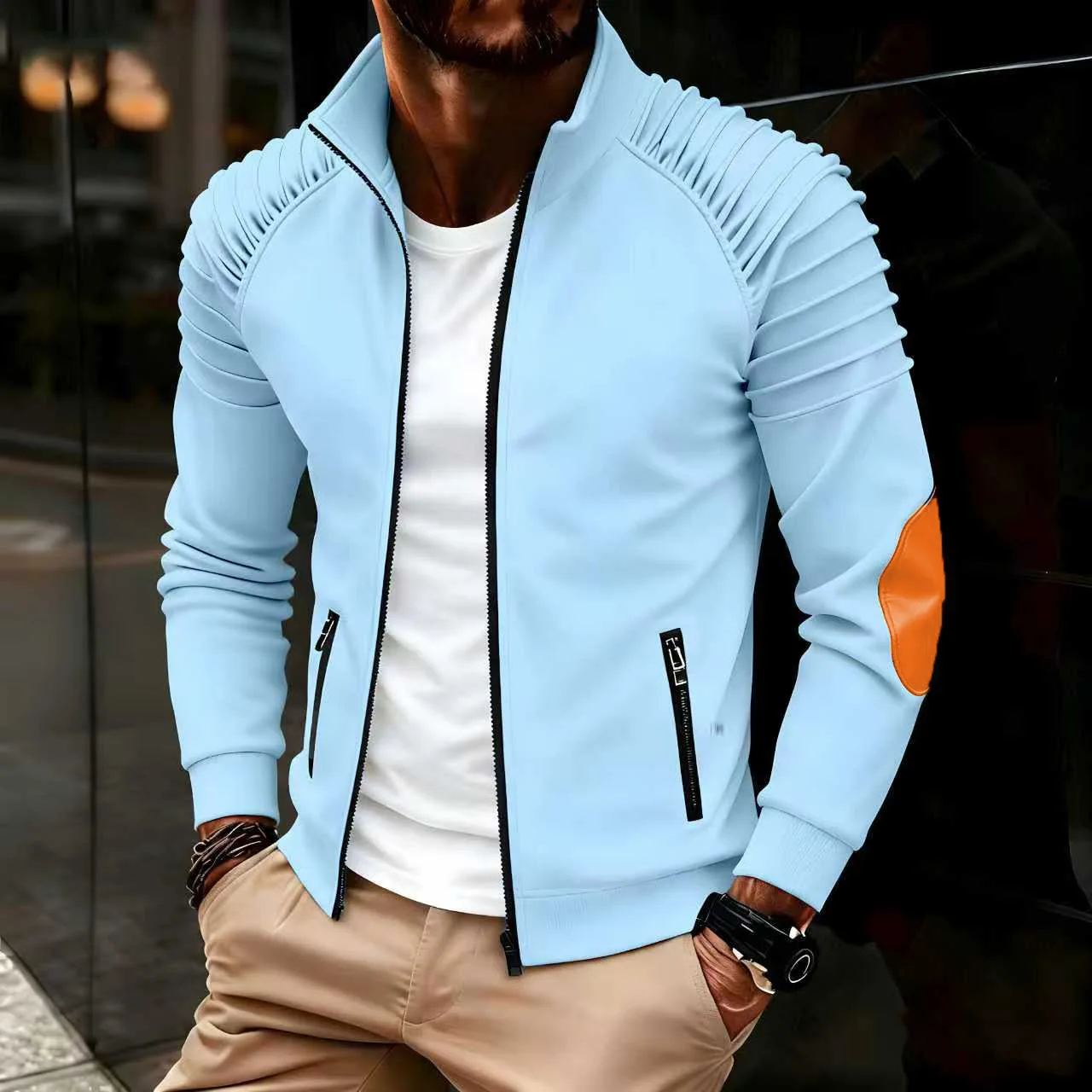 

Men's jacket with zipper front, pleated sleeves, relaxed stand-up collar, long sleeves, suitable for autumn and winter tops