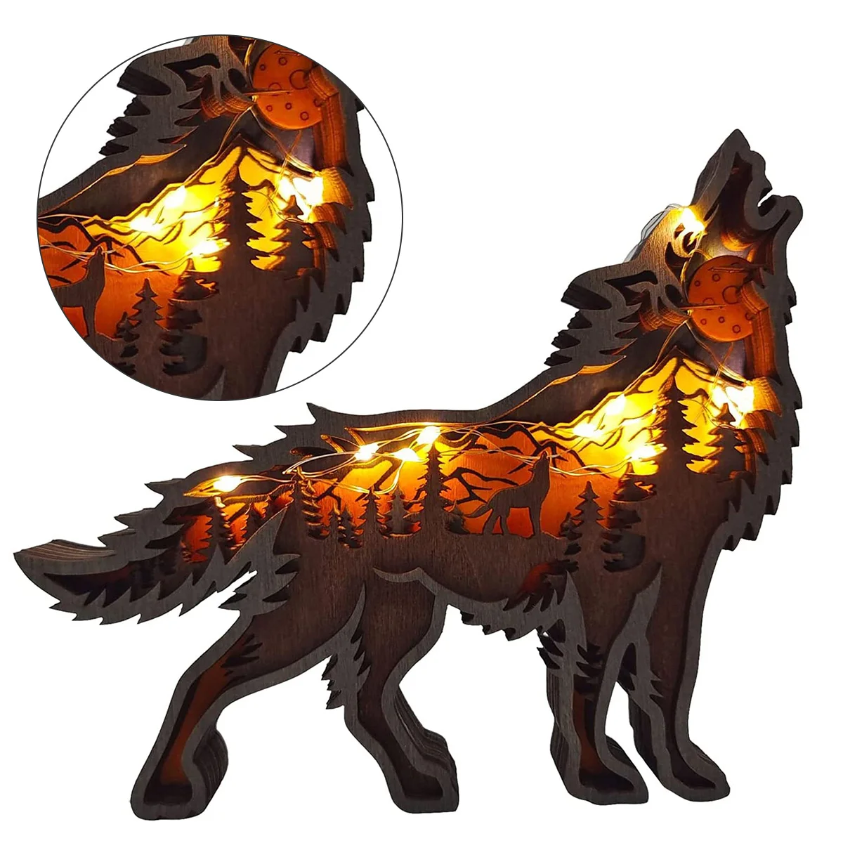 Wooden Ornaments Carved Wooden Wolf Decorations with LED Light Hollow Multi-Layer Forest Animals Scene Display Carving Figurines