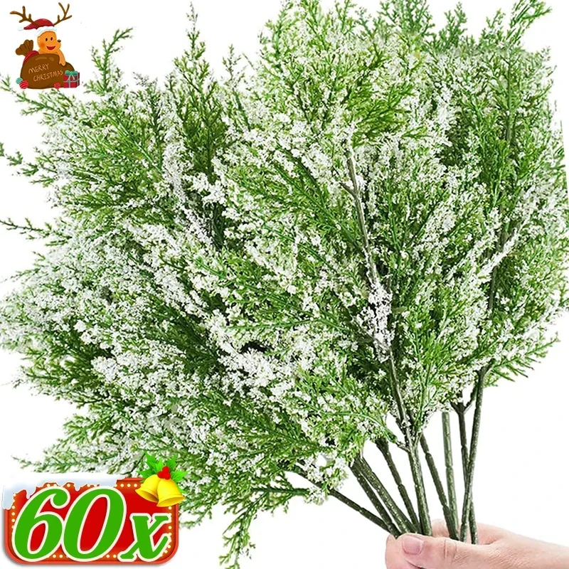 Christmas Snow Frosted Pine Branches Artificial Faux Cedar Fake Sprigs Pine Leaves Plastic Cypress Garland Wreath DIY Decoration