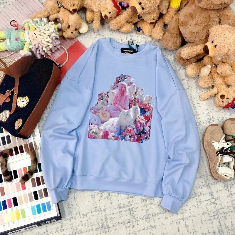 Korean Fashion Hoodies Loose Characters Cartoon Cat Nail Diamond Printing Age Reduction Versatile Long-sleeved Sweatshirts Women
