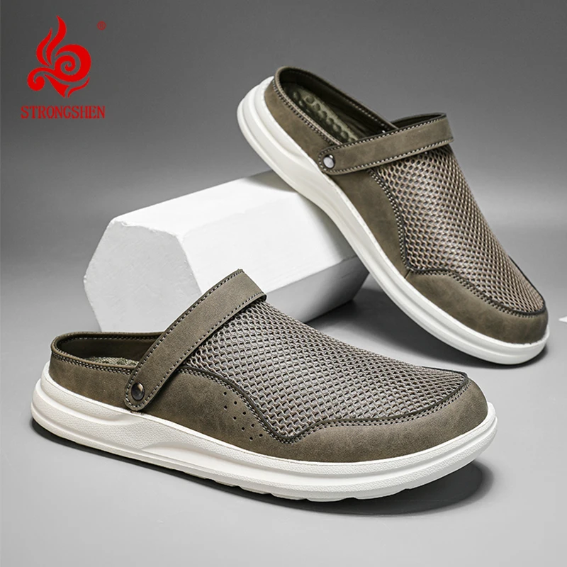 

Роскошные мужские тапочки, удобная повседневная обувь с дышащей сеткой, шлепанцы, кожаные сандалии с мягкой подошвой, летняя уличная нескользящая прогулочная обувь