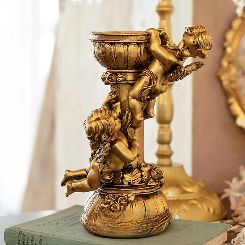 Vintage Forest European Golden Angel Old Roman Column Candlestick Sculpture Architecture Resin Ornament Home Decoration