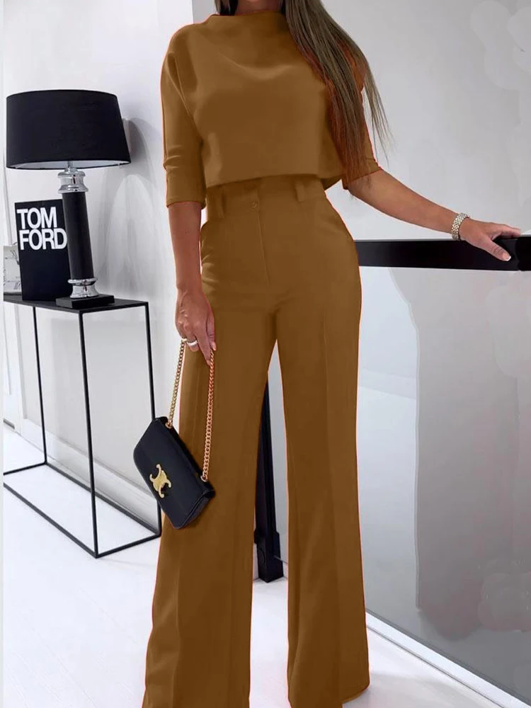 Drauuing 2 Pieces Sets Elegant T Shirts Half Sleeve And Wide Leg Pant Outfits Women Solid 2 Pant Sets For Women Casual Fashion