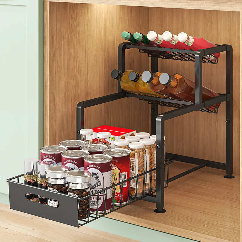 

Kitchen seasoning rack lower sink storage rack diagonal seasoning rack multi-functional pumping kitchen supplies finishing rack