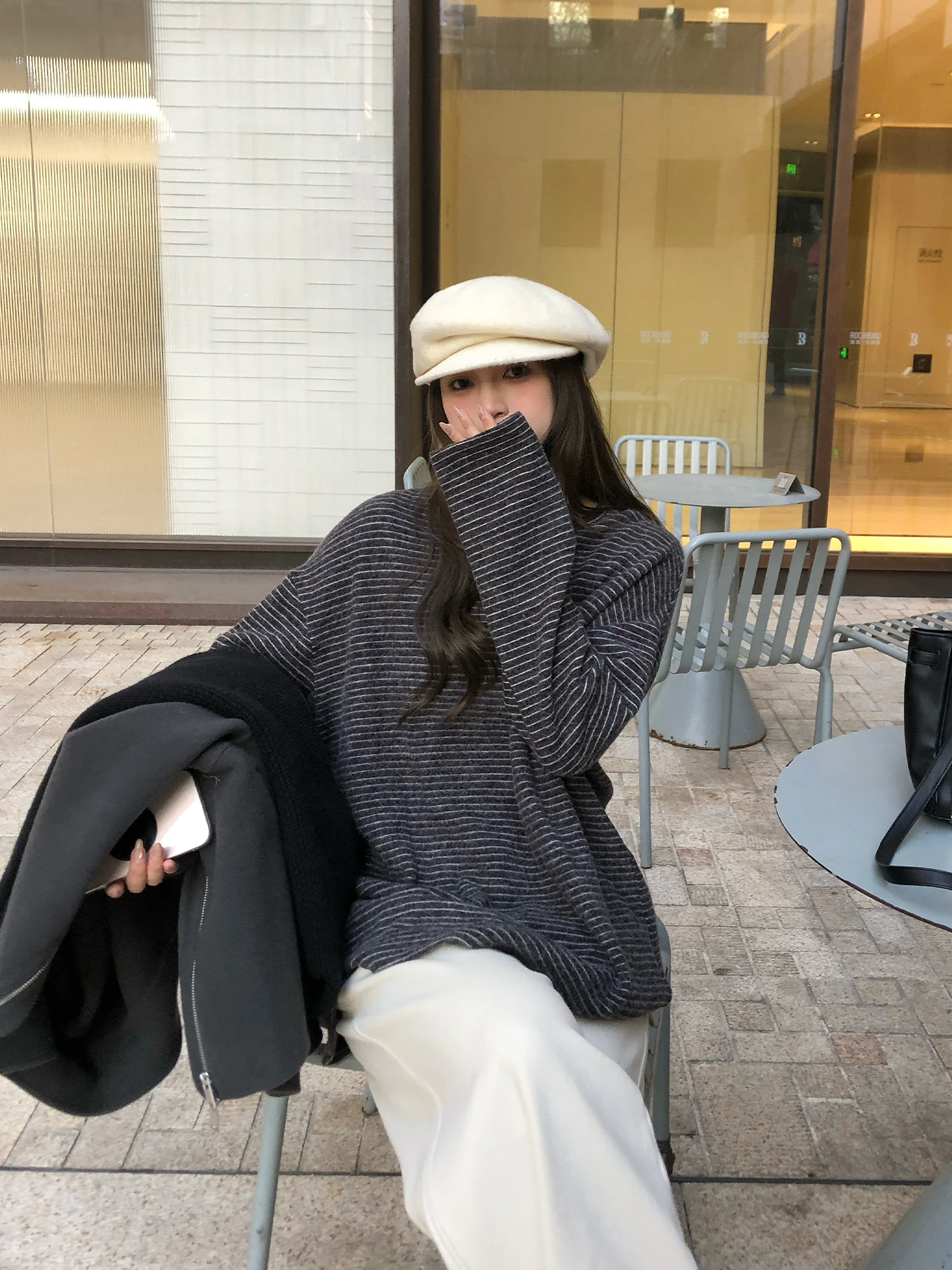 

NAZ plus Size Winter Fce Lined Casual Loose Women's T-irt Stripe Pattern round Ne Long Sve Comfortable Lazy Sle