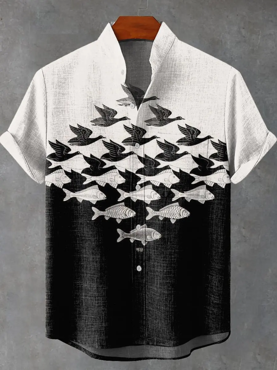 Fashionable 3D printed bird animal pattern men's casual linen stand collar front pocket comfortable plus size short sleeved shir