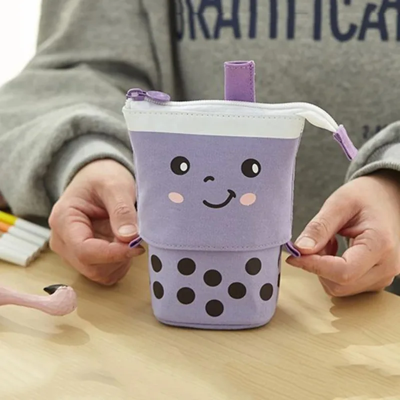 Bubble Tea Print Cute and Simple Pull-Tab Expandable Canvas Pen Case - Multi-purpose Stationery Organizer