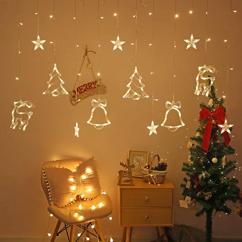 Christmas Decoration LED String Lights Curtain Light EU Plug Fairy Light Living Room Garden Xmas Tree Deer Bell Chain Lamp