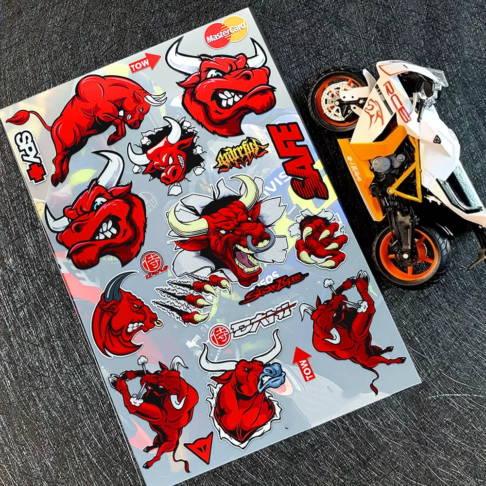 For Honda KTM Yamahai Aprilia CF MOTO Bull Helmet Sticker Electric Motorcycle Accessories BOX Car Bicycle Bike Scooter Red Decal