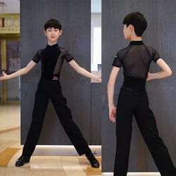 Latin Dance Shirt Boys Costumes Mesh Short Sleeve Latin Dancewear ChaCha Samba Ballroom Latin Dance Competition Dress DN23128