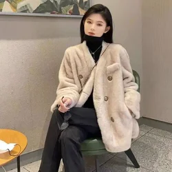 Young mink short V-neck fur one-piece mink plush eco-friendly fur coat for women 2024 winter