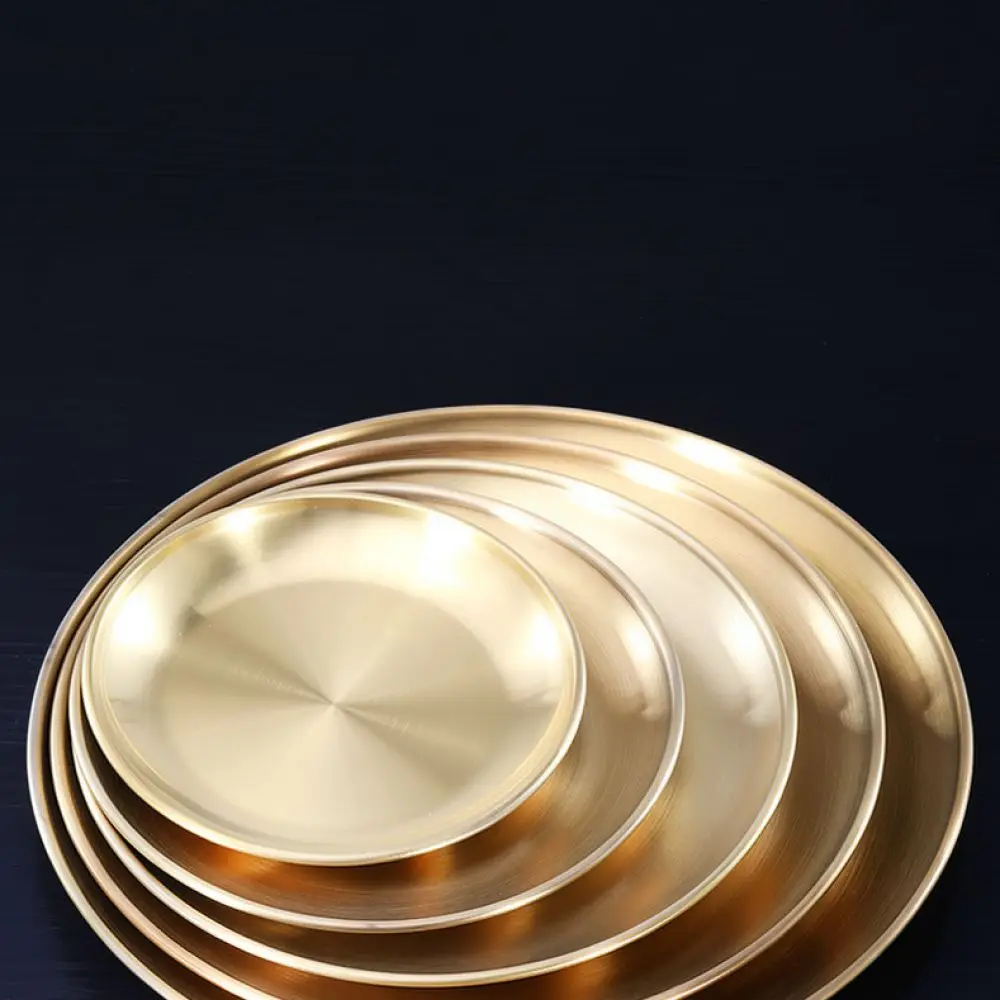 Gold 304 Stainless Steel Round Plate Korean Style Flat Tray Serving Dish For BBQ Fruit Dessert Home Hotel Dining Ware