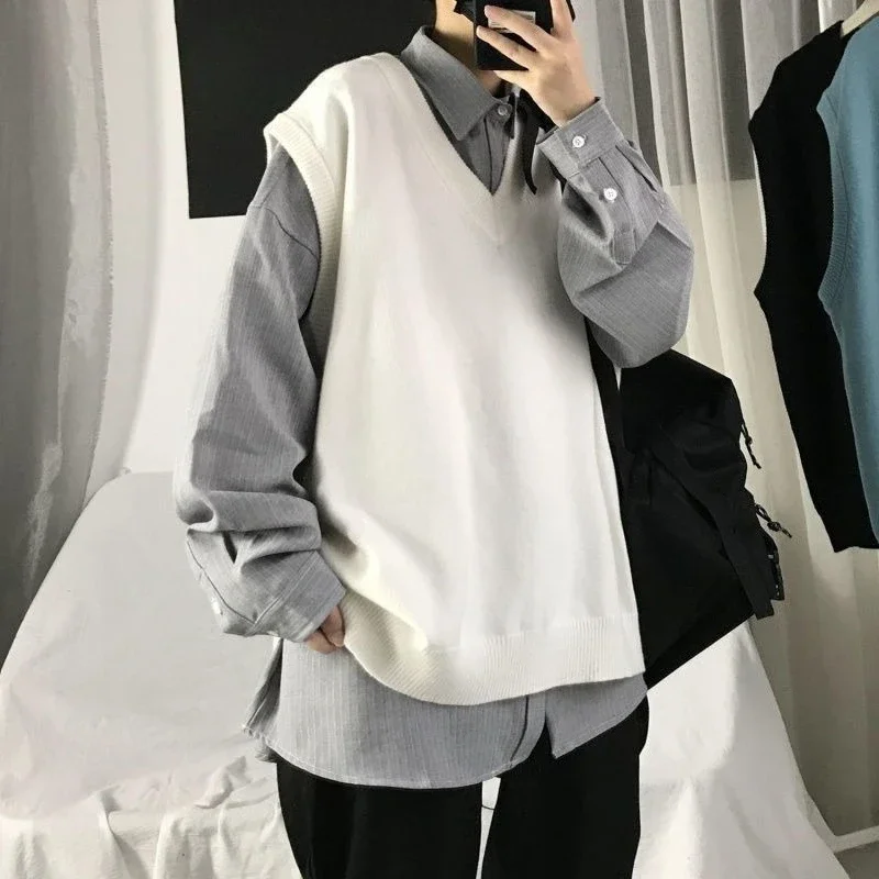

Autumn Men's Korean Style Solid Color Loose Fit V-Neck Crew Neck Knitted Sweater Vest Sleeveless Knitwear White