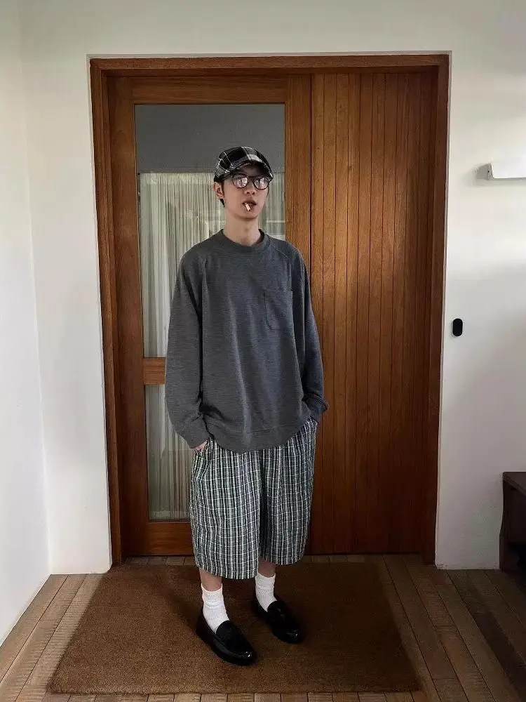 Summer Men's Retro Checkered Pattern High Waist Shorts Cool Boys Wide Leg Vintage Casual Y2k Bottom Male Thin Cropped Pants