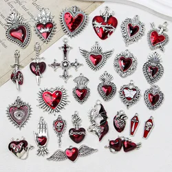 3PCS Red Color Enamel New Gothic Style Sacred Heart Cross Skull Alloy Pendant DIY Charms Earrings Necklace Jewelry Crafts Making