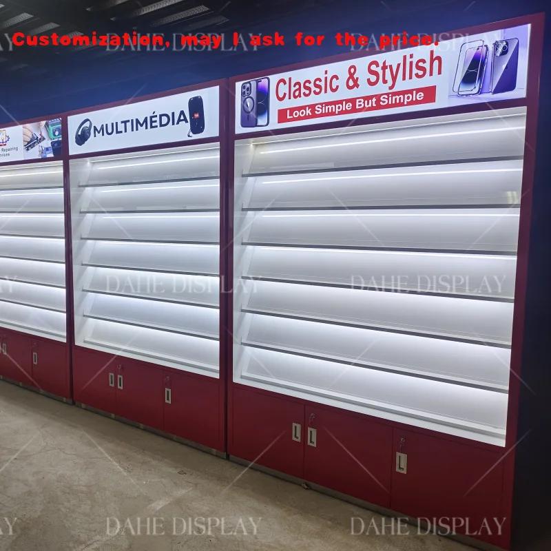 custom.High-end Complicated Red Showcase Glass Display and Display Hooks Phone Store