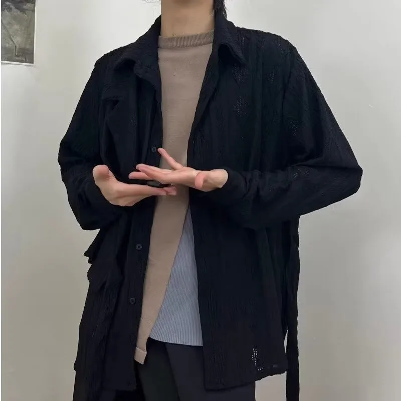 Man Japanese Restore Ancient Ways Jacquard Weave Shirt Long Sleeve Shirt Design Feeling Hollowed Out Upper Garment Autumn  Men