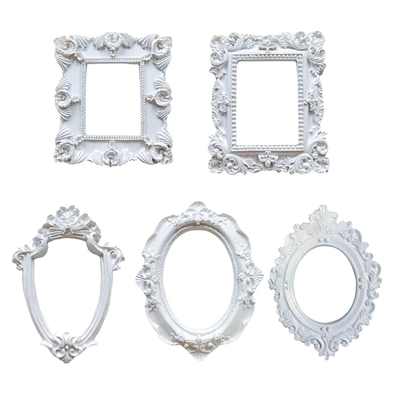 

5Pcs Mini Frames -White Small Vintage Flower Oval Rectangle Baroque Frames Table Top Frame For Holiday Partys Decor-AT81