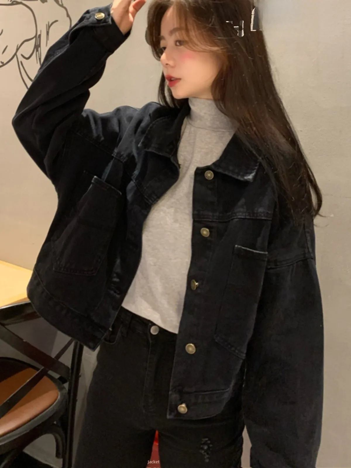 Black Denim Jacket Women's Autumn Winter Loose Long Sleeve Short Style Korean Version Large Size Casual Top Coat
