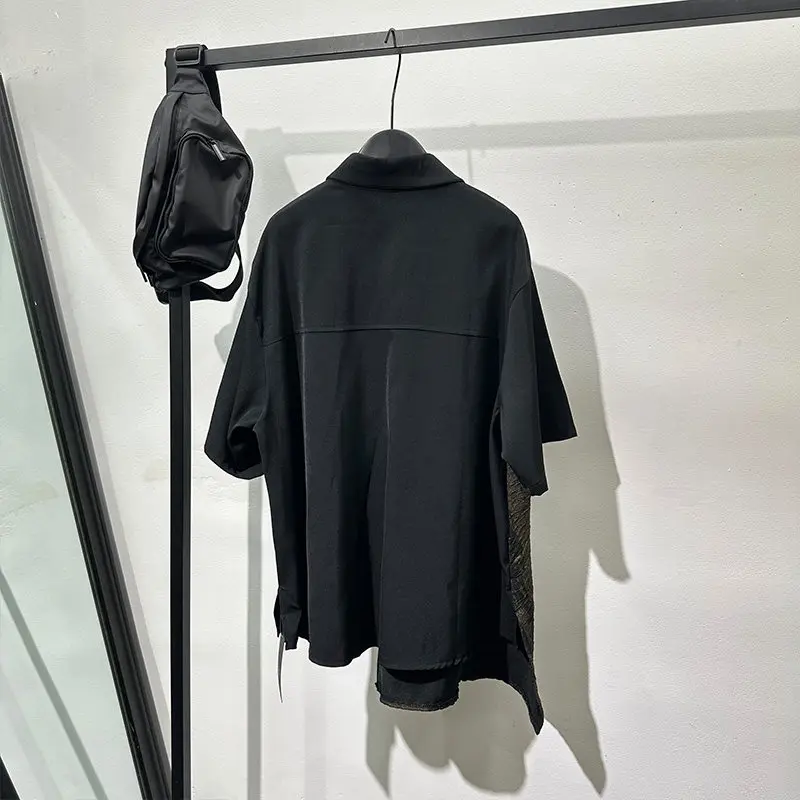 Dark Style Design Sense Summer Retro Patchwork Irregular Loose Short Sleeve Shirt Popular Avant-Garde New Chinese Top