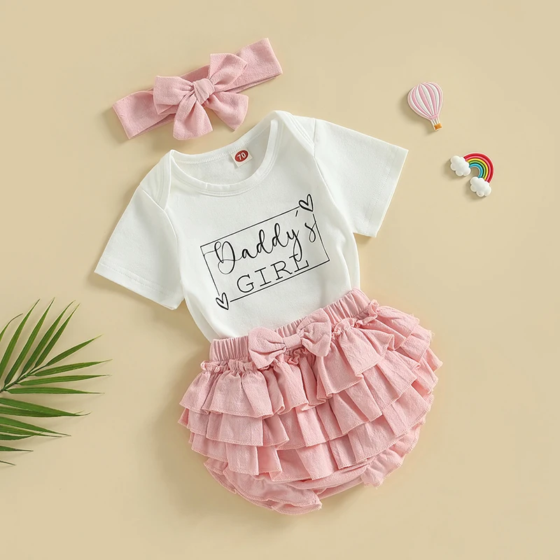 

Baby Girls Summer Outfit Sets White Short Sleeve Letter Print Romper Layered Ruffle PP Shorts Headband