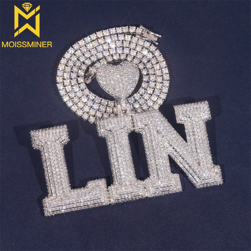 Moissanite S925 Silver Customized Solid Single letters Love Bail Pendant Iced Out For Men Necklaces Hip Hop Jewelry Pass Diamond