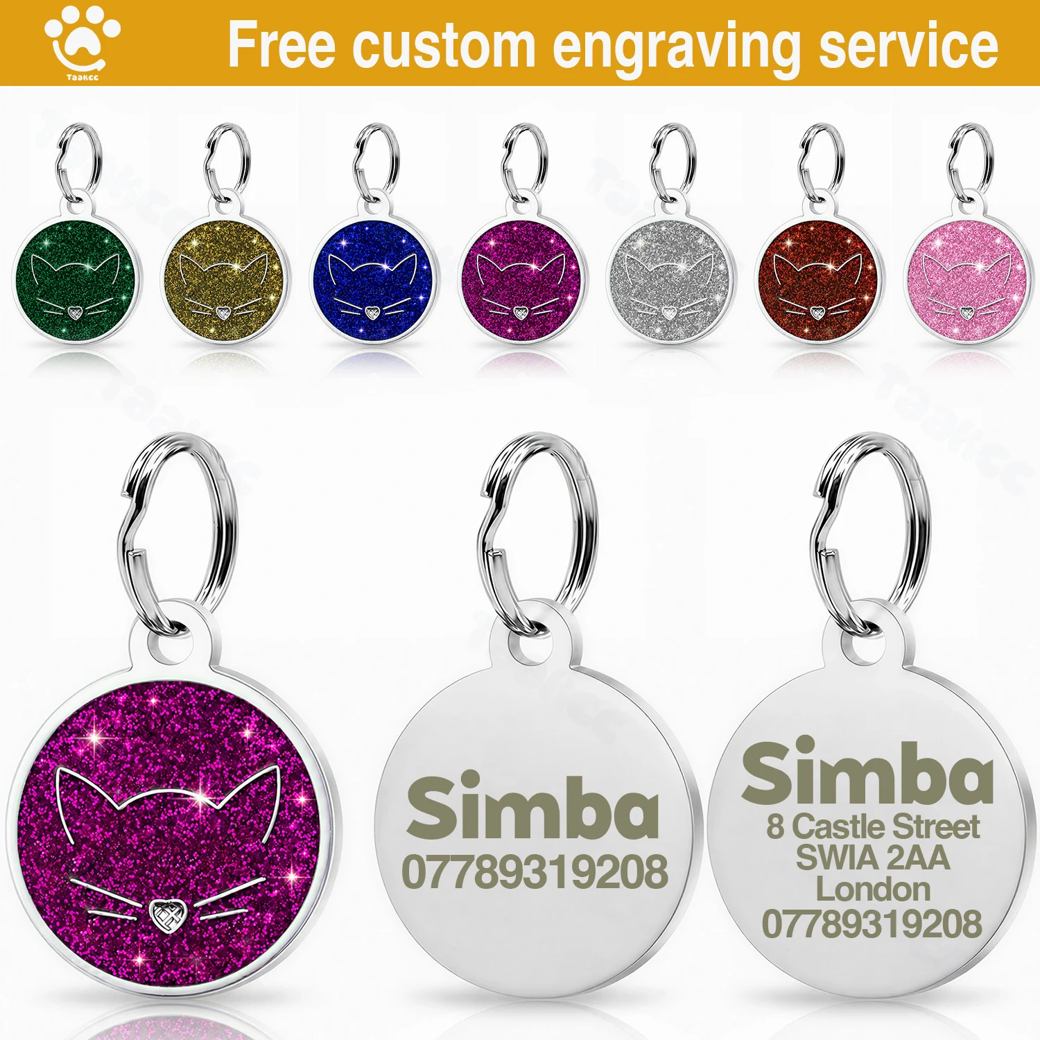 Étiquettes de collier pour chat personnalisées gratuites – Plaque d'identification gravée pour animaux de compagnie, pendentif visage de chat en alliage scintillant, accessoires pour chats