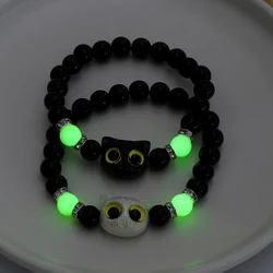 Novel Kitty Charm Beads Bracelet Luminous Night Fluorescence Glow in The Dark Cat Bracelet for Men Women Halloween Gift