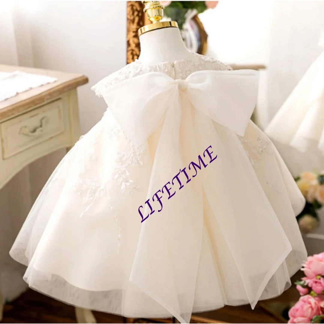 Glitter Lace Bow Girls Dress Puffy Tulle Princess Gown for Birthday Party Cute Classy Piano Performance Customized