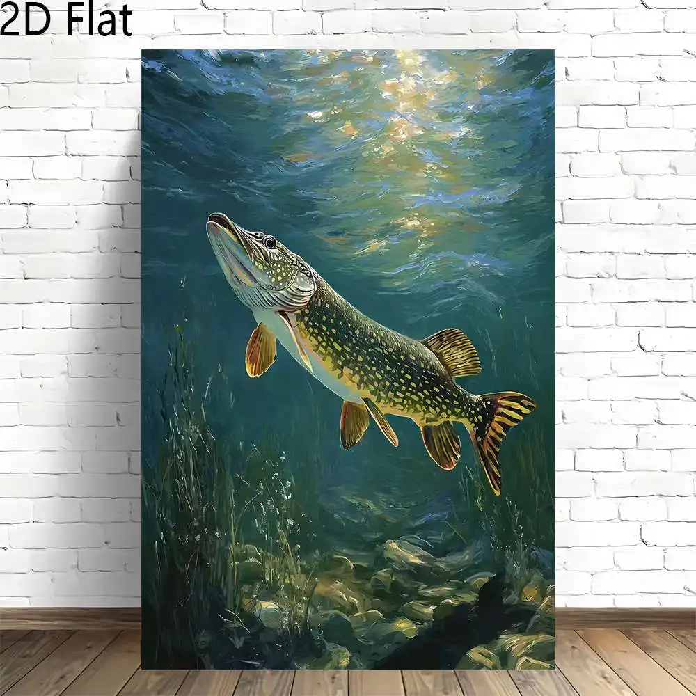 2D Flat, 2D Flat, 2D Flat 1pc, Colorful Pike Fish in Aquatic Plants Underwater Frameless Canvas Artwork for Home And Office W