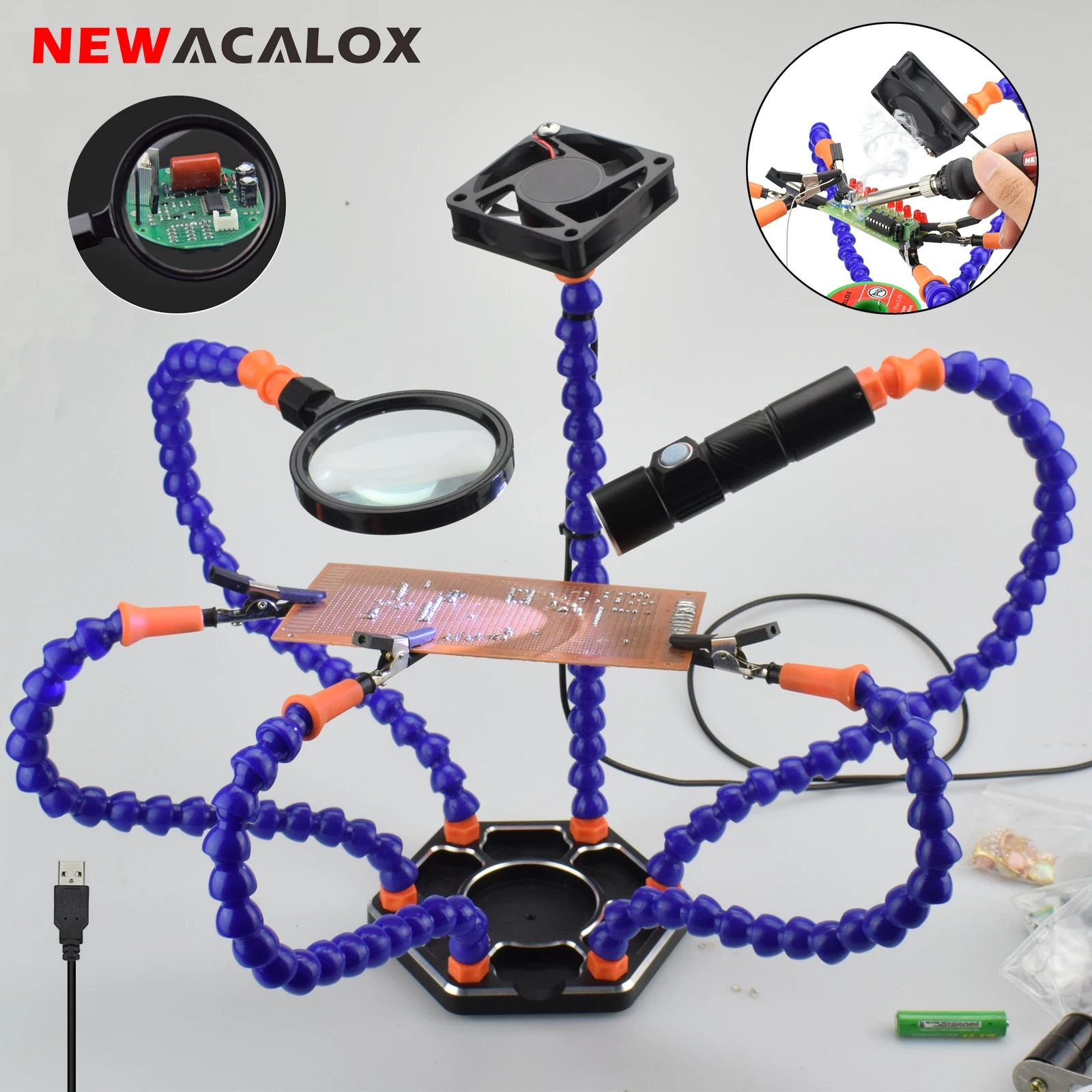 NEWACALOX pomoc w lutowaniu dłoni z trzecią ręką narzędzie do lutowania uchwyt na PCB z 3X powiększający wentylator odprowadzanie dymu USB do lutowania