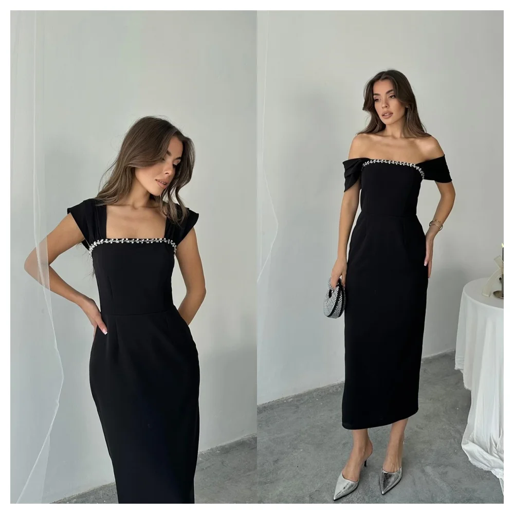 カスタマイズされたクラシックブラックジャージーイブニングドレスフォーマルボートネックオフショルダーノースリーブパーティードレスモダンセレブドレス