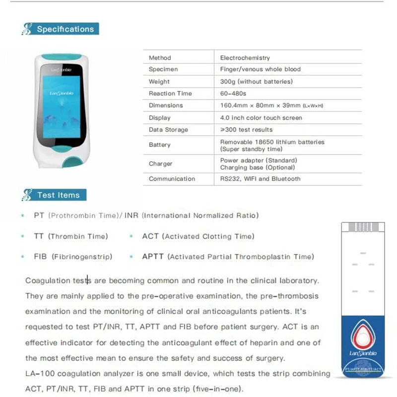 HoT Handheld Coagulation Analyzer Blood Testing FIB/APTT/PT/ACT/TT/INR LA-100