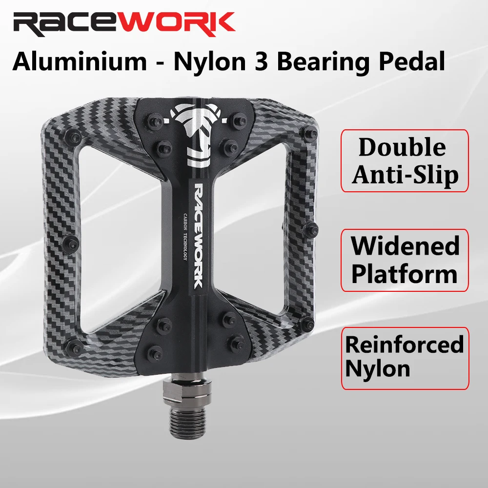 RACEWORK Bicycle Pedals 3 Bearings Mountain Road Bike Carbon Fiber Coating Ultralight Flat Pedal MTB Aluminum Alloy Nylon Pedal