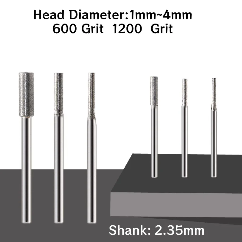 600/1200 Grit Diamond Grinding Head A Needle,1mm~4mm Cylindrical Flat Head Polishing Grinding Head, Jade Carving Deburring Tool