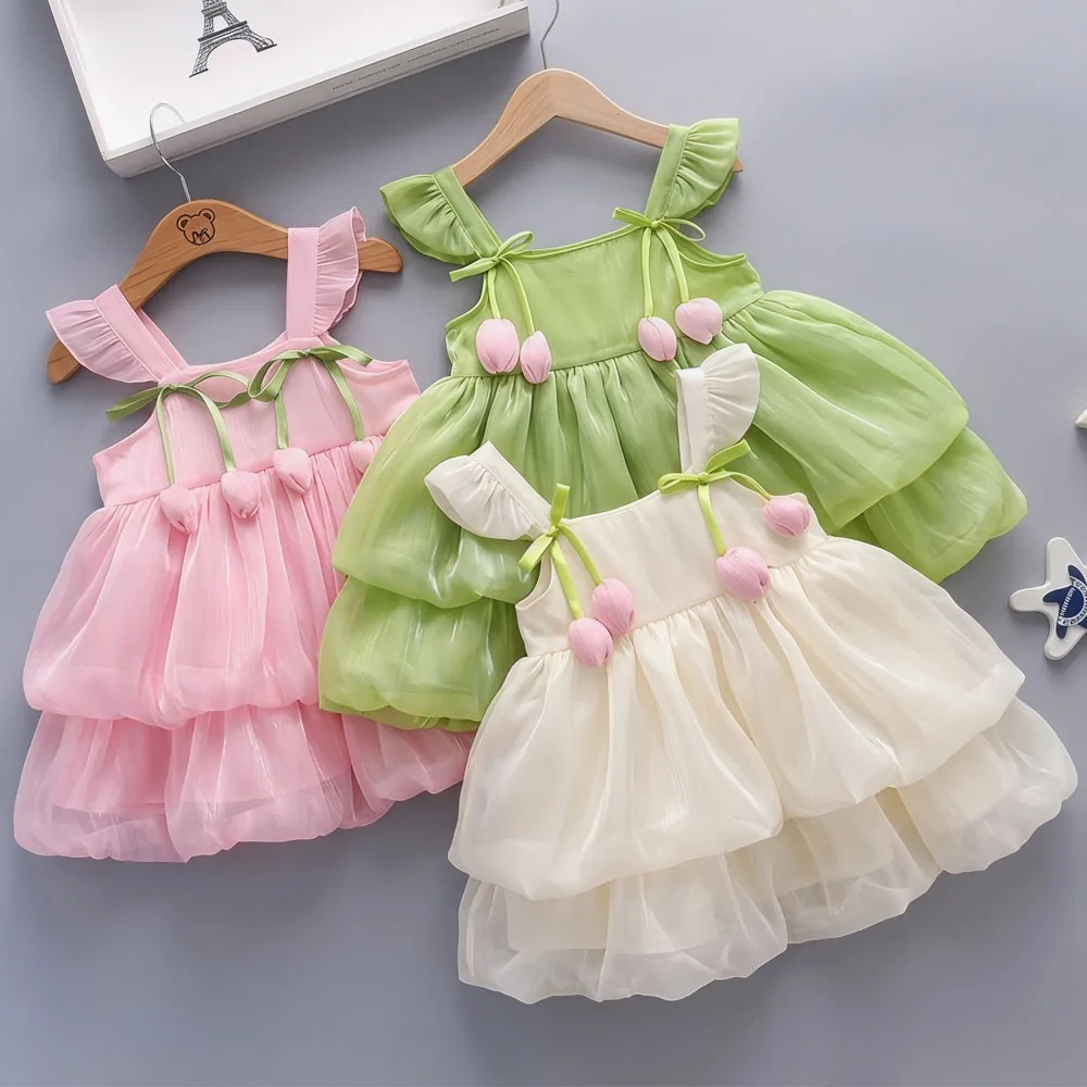 Robe de princesse en mousseline superposée pour nouveau-né fille, robe tutu à nœud floral pour bébé fille, robe de gâteau pour tout-petit, vêtements de fête d'anniversaire