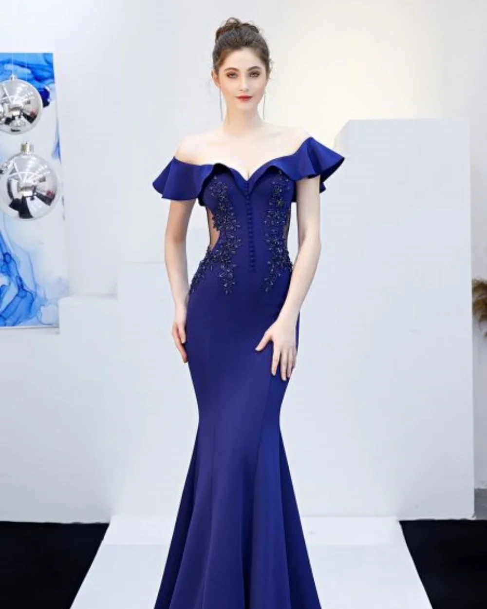 

Customized Fashion Women Jersey Button Beading Mermaid Evening Dress Formal Off-the-shoulder Sleeveless Floor Lenght Party Gown