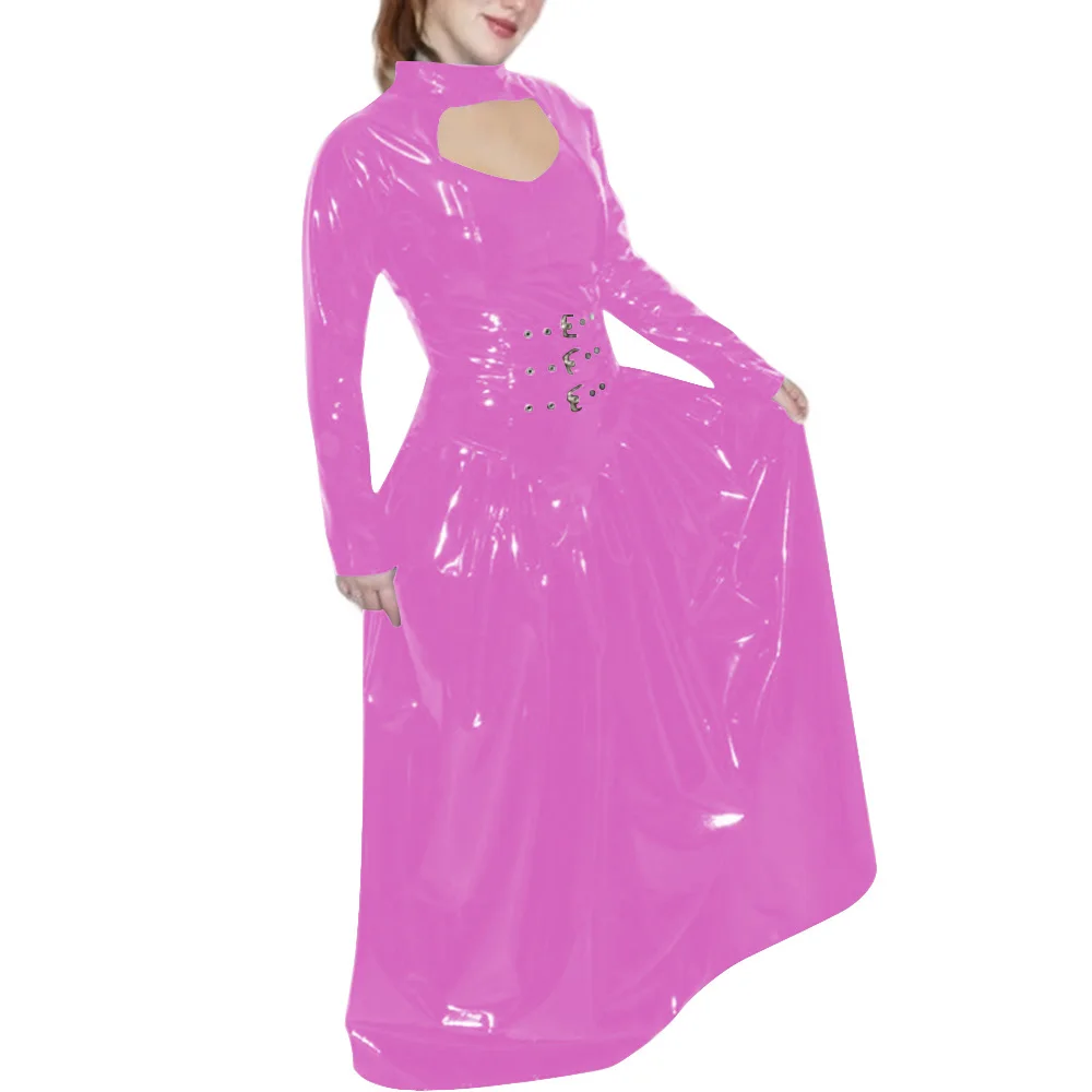 

Sissy PVC Faux Leather Long Dress Wetlook Hollow A-line Swing Maxi Dress Long Sleeved Elegant Vintage Robe Raves Party Vestidos