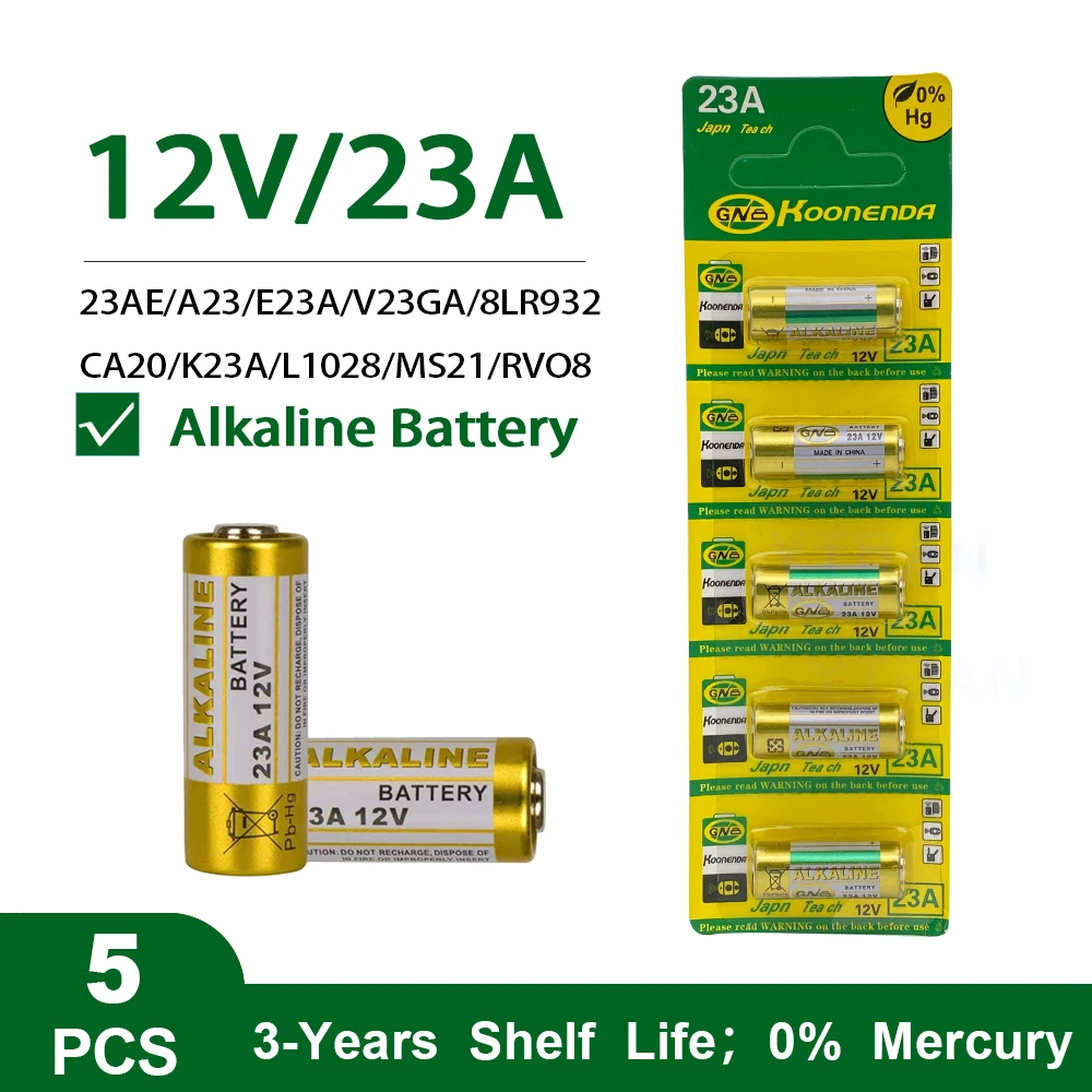 5pcs 12V 23A  Alkaline Battery High Voltage Battery A23 V23GA MN21 Primary Dry Batteries For Calculators Keyfob Remotes Alarms