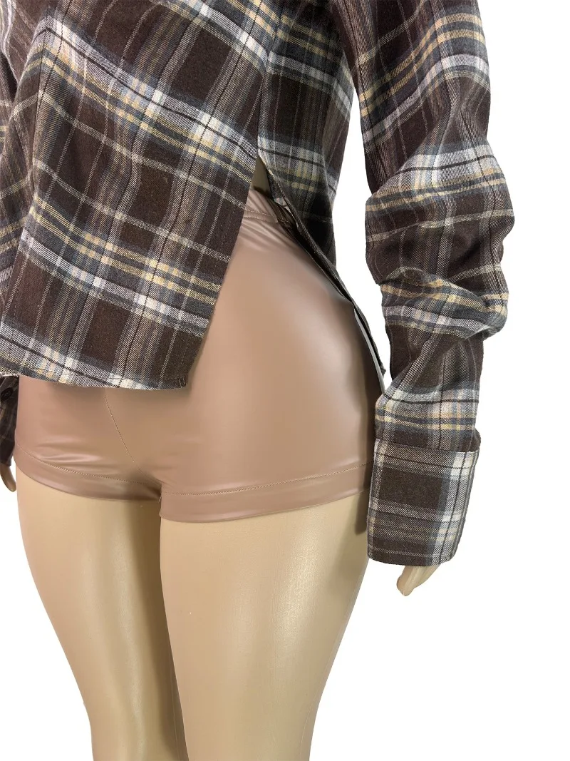 Plaid Pullover Shirts Frauen Mode Drehen Unten Kragen Gefaltete Langarm Split Asymmetrische Bluse Casual Streetwear Tops