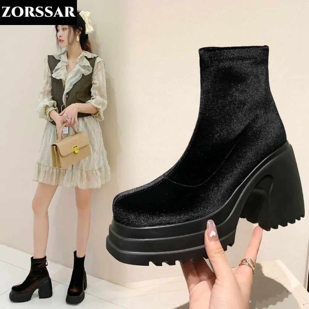 

Brand Classic Design Women Boots Velvet Chunky Shoes Woman Platform 10CM High Heels Thick Soled Black Female Ankle Booties