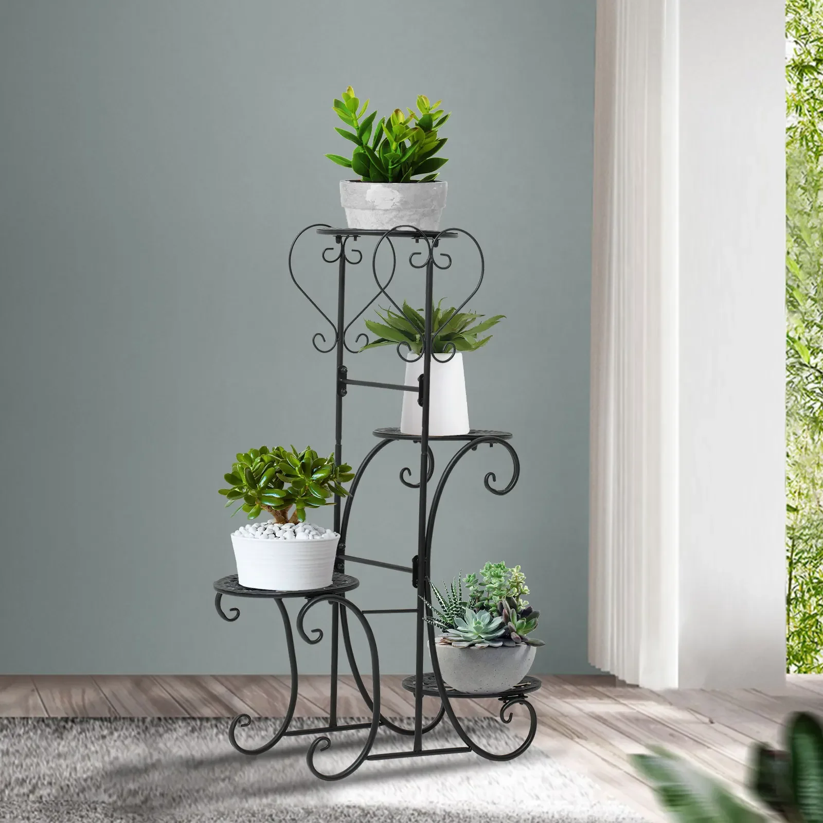 

Black Flower Pot Display Stand Holder for 4 Pots, Multi-Tiered Circular Plant Shelf, Decorative Garden Plant Exhibition Rack