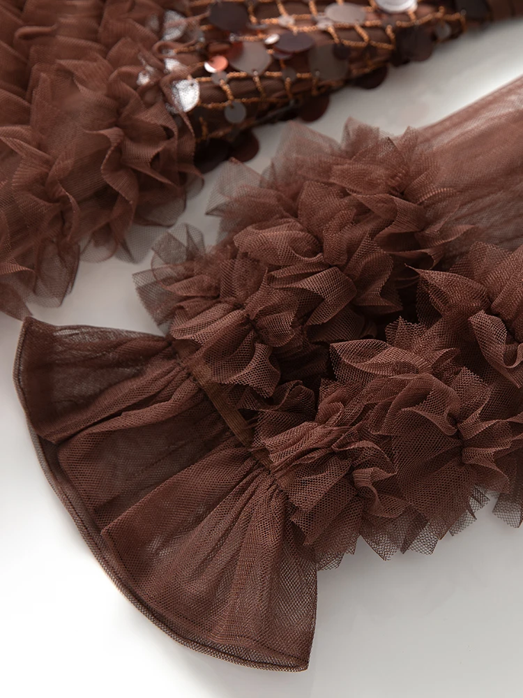 DSFACAIRIJ 여성 스팽글 메쉬 롱 드레스 오-넥 랜턴 슬리브 프릴 빈티지 파티 가을 패션 여성 의류