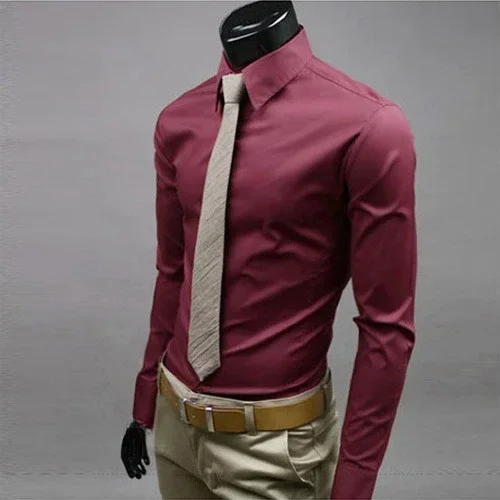 17 Colors Cotton Men Business Formal Long Sleeve Shirts Solid Slim Fit Full Casual Top Dress Shirt Red White Black Khaki Pink