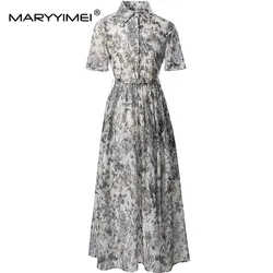 MARYYIMEI Spring Summer Women's Dress Cotton Turn-Down Collar Short-Sleeved Single-Breasted Print Lace-UP Holiday Dresses