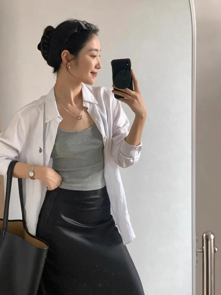 

Весенняя блузка Sli с длинным рукавом, белая, с вышивкой, свободного кроя, в корейском стиле, с воротником, однотонная, для повседневной носки