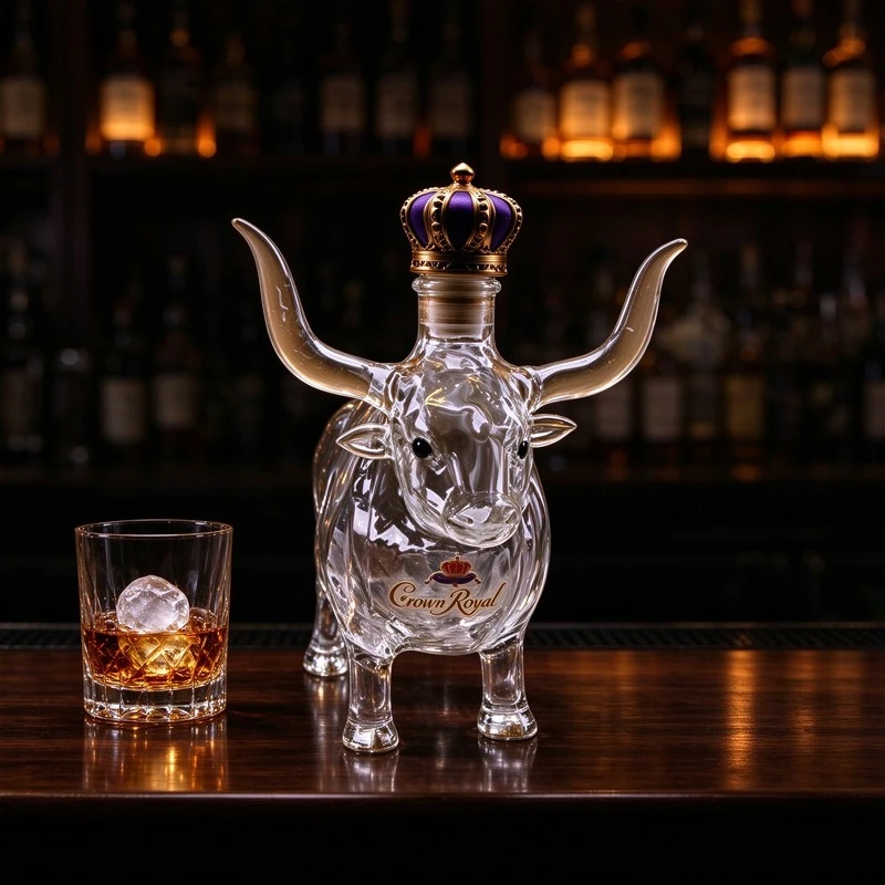 Bull Shaped Glass Whiskey Decanter with Crown Stopper, Hand Blown Clear Liquor Bottle for Bourbon Vodka Home Bar Decor Gift
