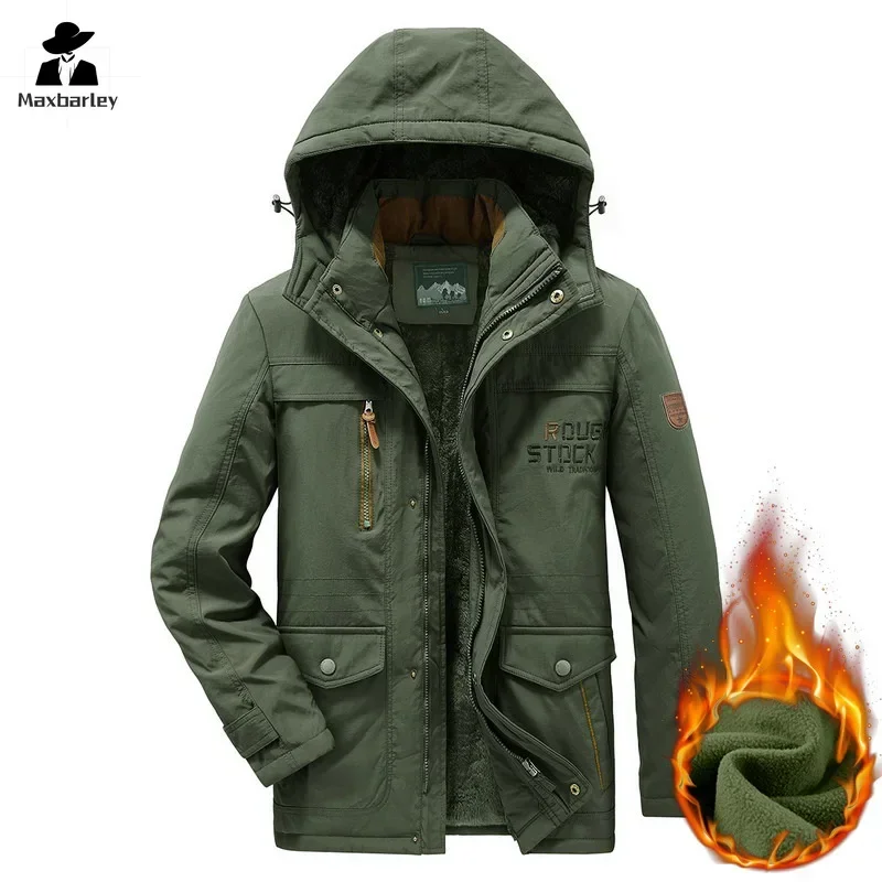 2024 New Winter Warm Jacket Men\'s Trendy Brand Fleece-lined Thickened Detachable Hat Parka Hiking Hunting Work Cold-proof Coat